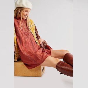 New Free People Copper Vienna Crochet Trim Long Sleeve Mini Dress Size S